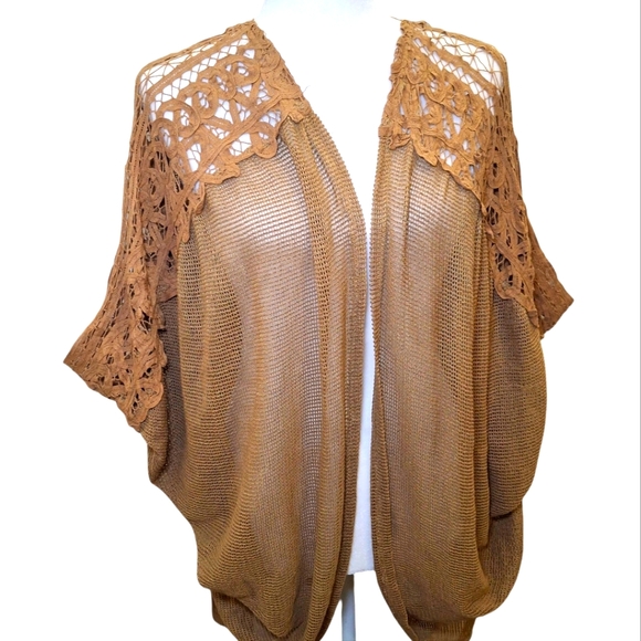 gimmicks by BKE Tops - Open-Front Crochet Shoulder Knit Cardigan - Tan
